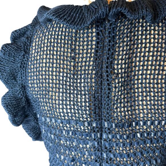 Magda Butrym Crochet Cotton and Leather One Sleeve Mini Dress in Curaçao Navy - Picture 8 of 9